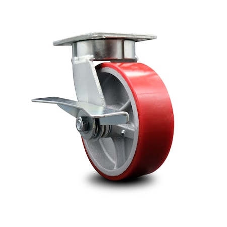 Service Caster 6 Inch Kingpinless Red Poly on Steel Wheel Swivel Caster with Brake SCC SCC-KP30S620-PUR-RS-SLB